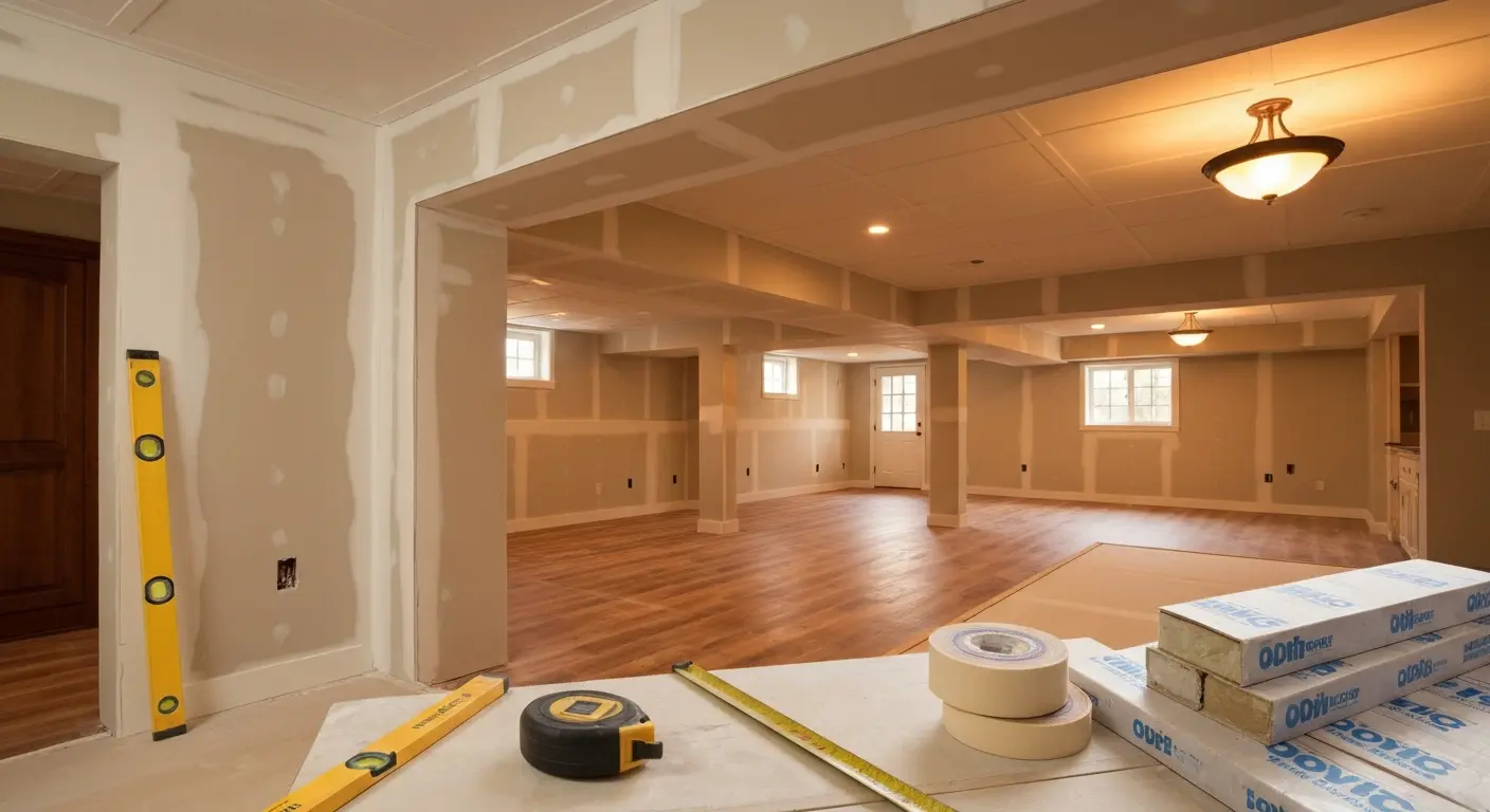 Finished basement with family room and flooring