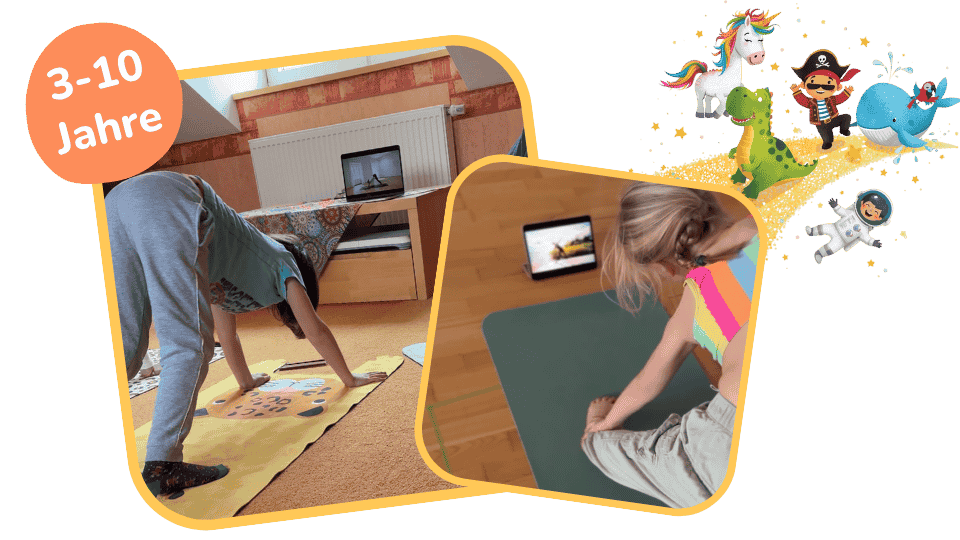 Kinder machen Yoga vor Laptop und Tablet