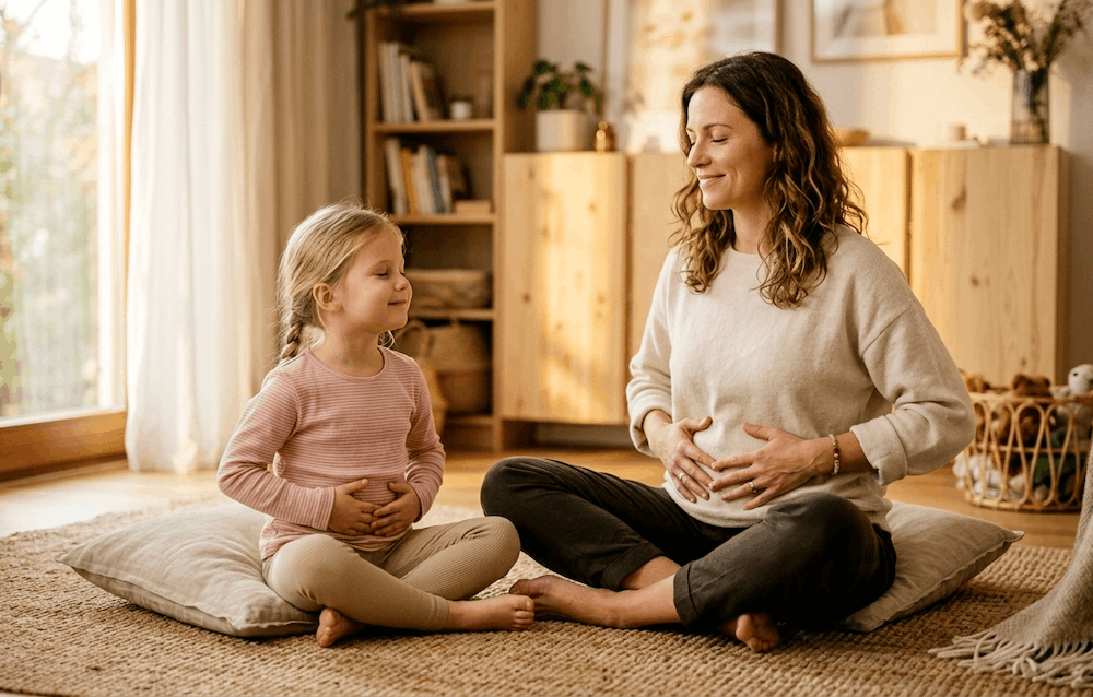 Kind und Mama bei Meditation und Atemübung für bessere Konzentration