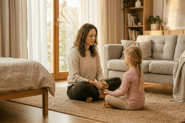 Mutter und Tochter sitzen sich gegenüber und machen eine Atemübung Mutter und Tochter sitzen sich gegenüber und machen eine Atemübung