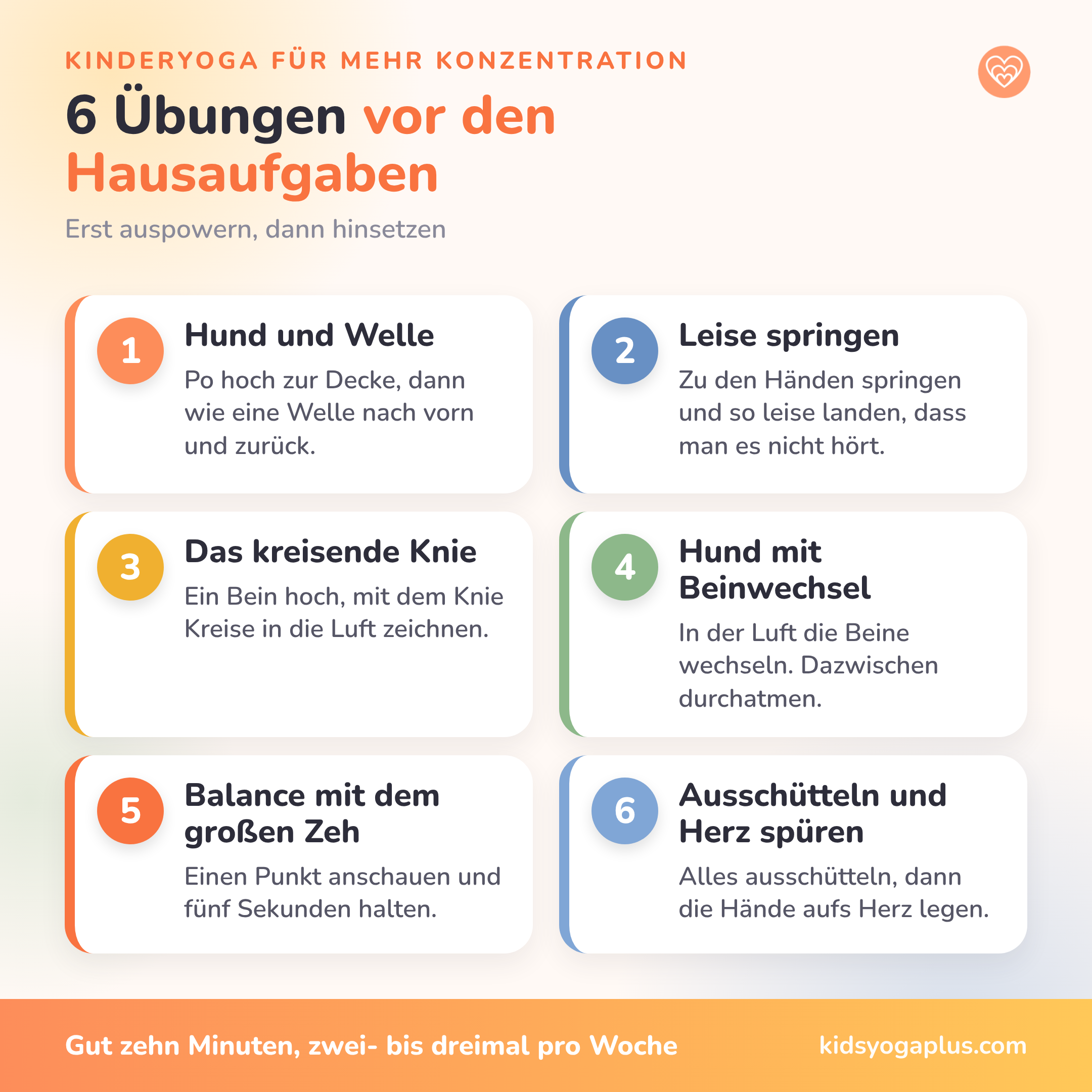 Infografik: 6 Kinderyoga-Übungen für mehr Konzentration vor den Hausaufgaben - KIDSYOGA+