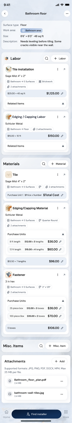 SmartTile mobile app showing a single project state with job tracking and team coordination
