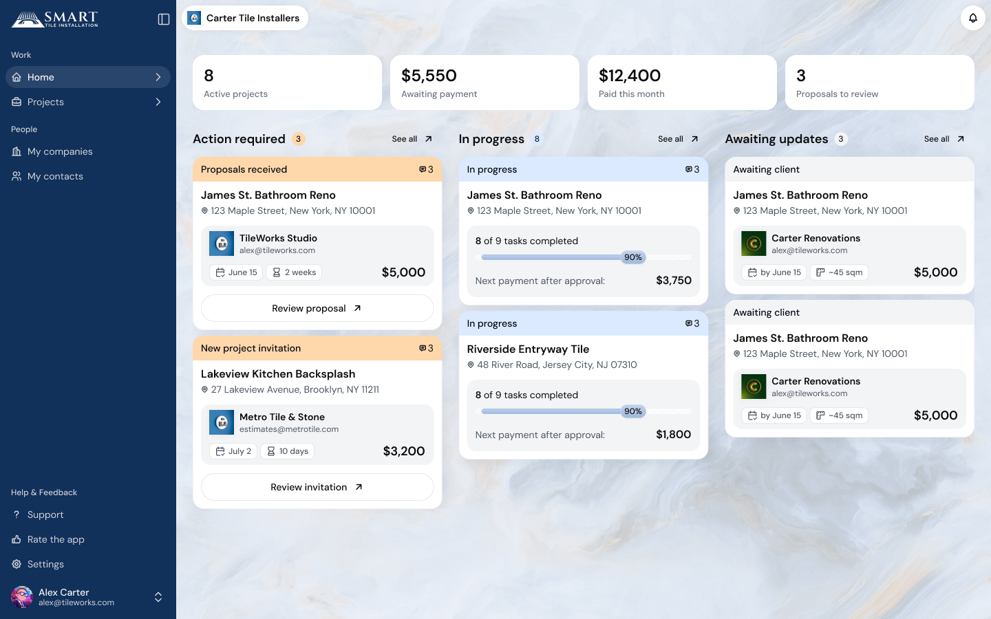 SmartTile desktop dashboard zoomed to the sidebar, key metrics, and the first action-required project column