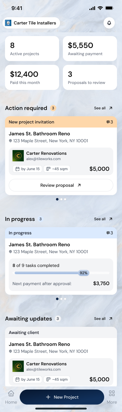 SmartTile installer mobile dashboard showing job status, four metric cards, and the first action-required card