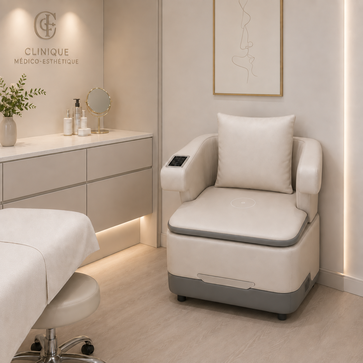 Chaise ME-BELLA install&eacute;e en clinique de sant&eacute; pelvienne