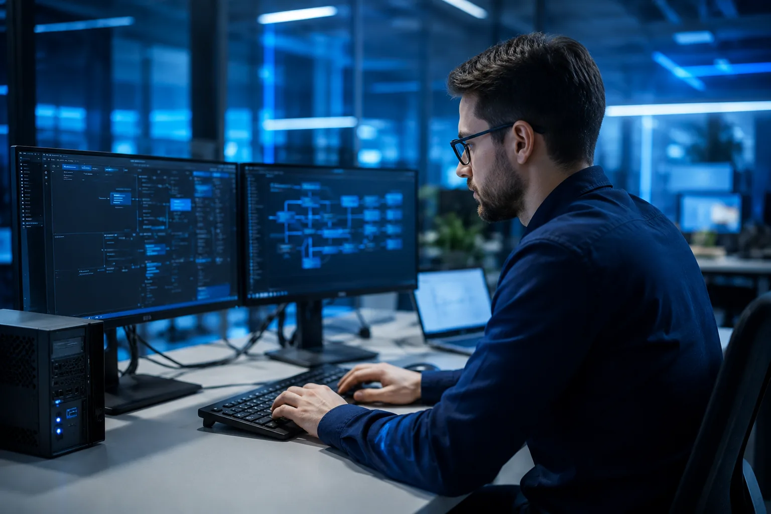 Tecnico informatico ESSE al lavoro su postazioni aziendali