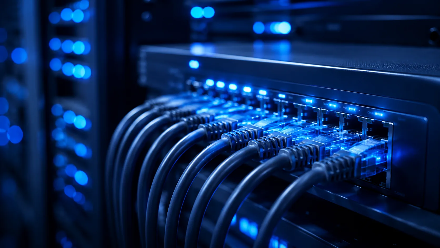 Switch di rete e cavi ethernet in ambiente server