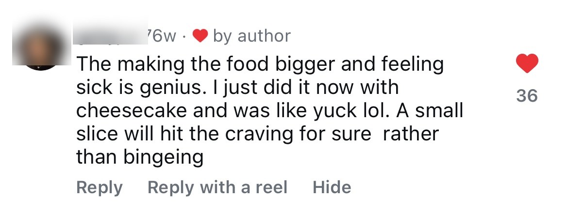 Instagram comment about stopping a binge with a hypnotherapy visualisation