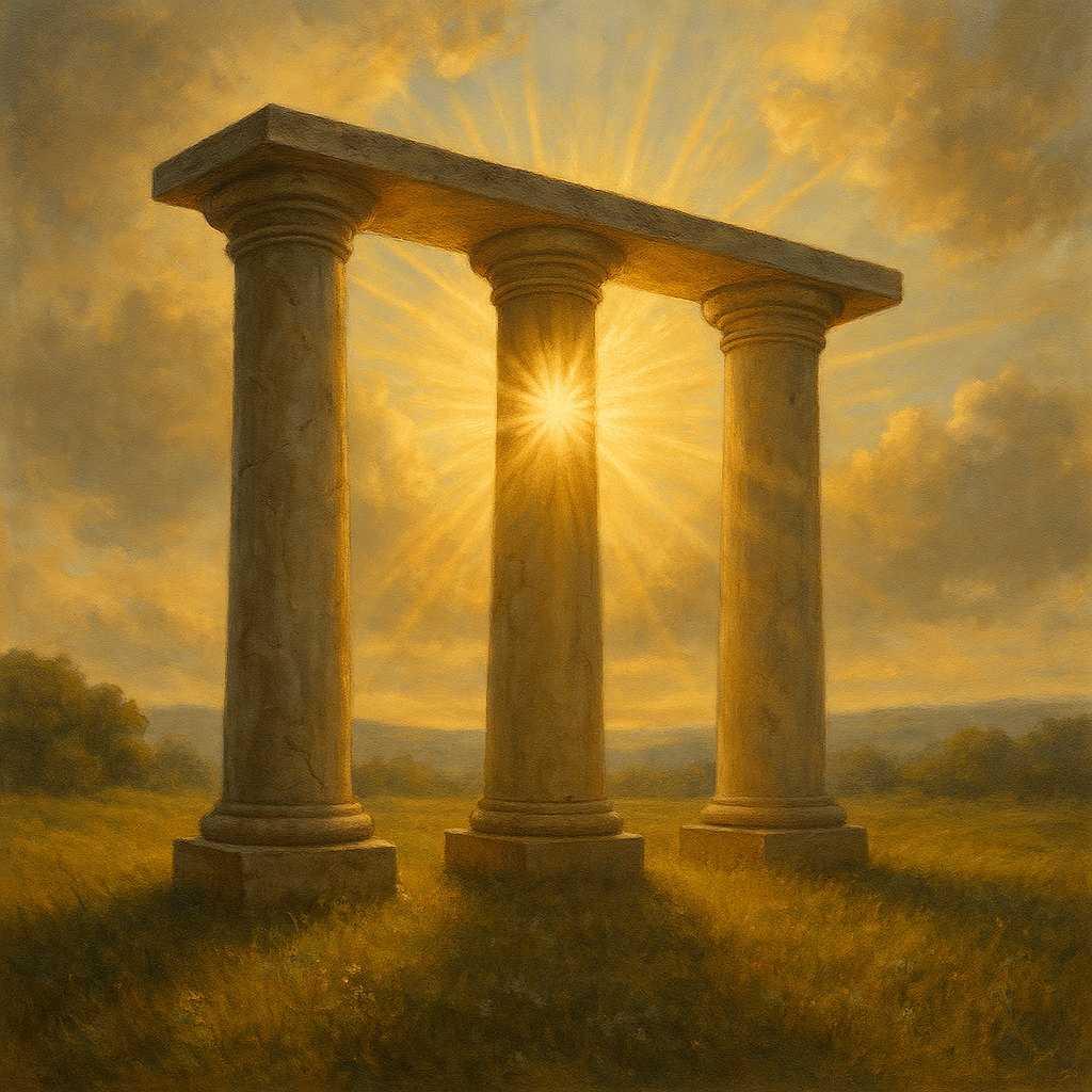 Three stone pillars in sunlight representing the 3 pillars of grief healing—mind, spiritual growth, and transformation.