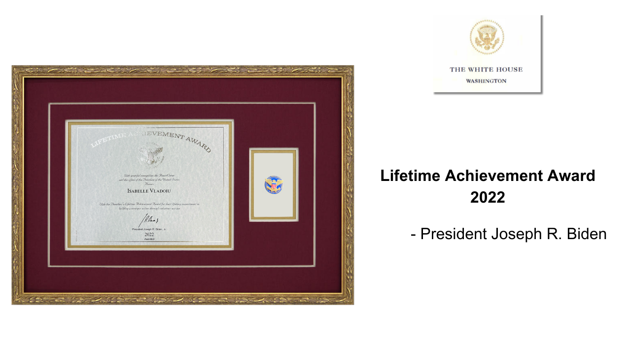 Dr. Isabelle Vladoiu receiving President’s Lifetime Achievement Award for global human rights leadership in Washington DC