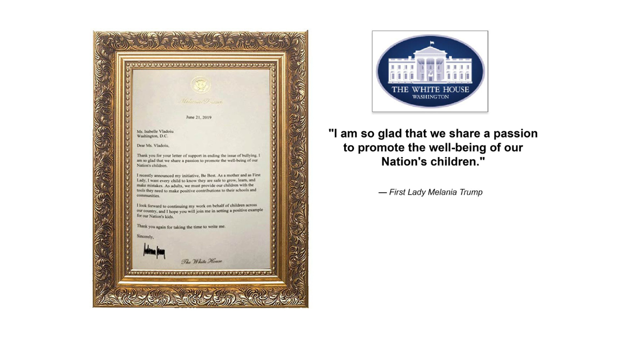 Official recognition letter from the First Lady of the United States to Dr. Isabelle Vladoiu for contributions to women’s empowerment