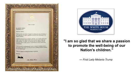 Official recognition letter from the First Lady of the United States to Dr. Isabelle Vladoiu for contributions to women’s empowerment