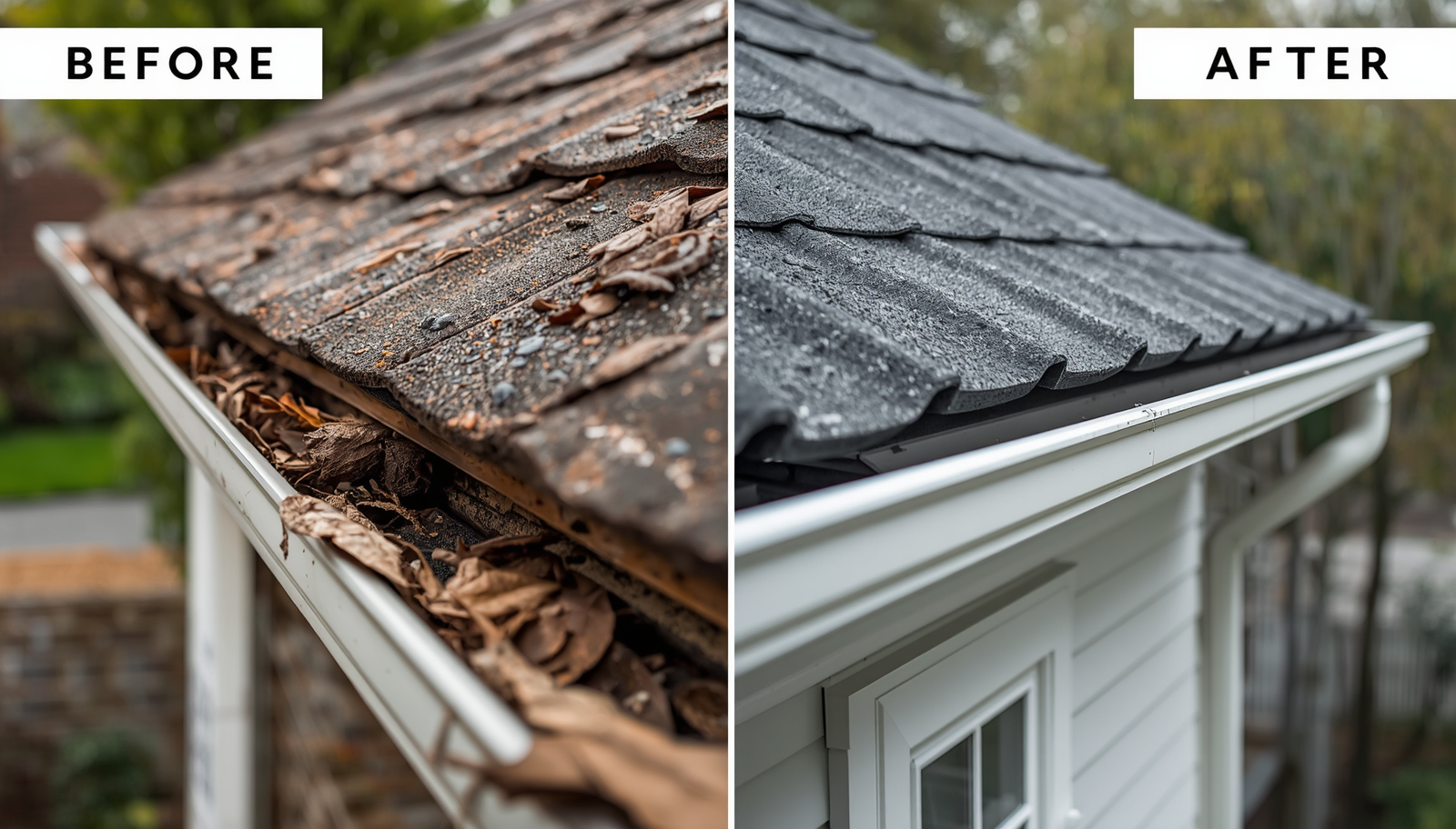 Before and after gutter transformation by McCloud Gutter Protection