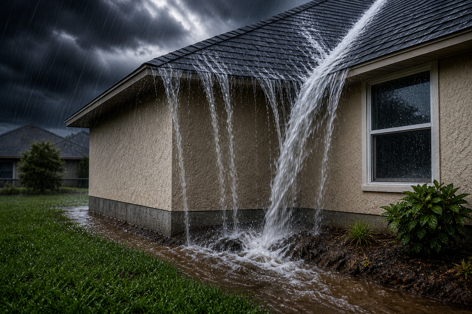 Water sheeting off roof valleys near foundation