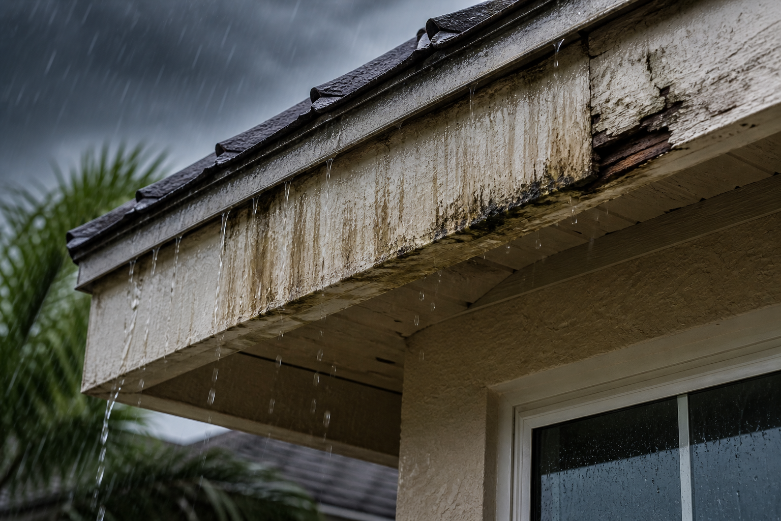 Fascia board staining and rot from gutter overflow