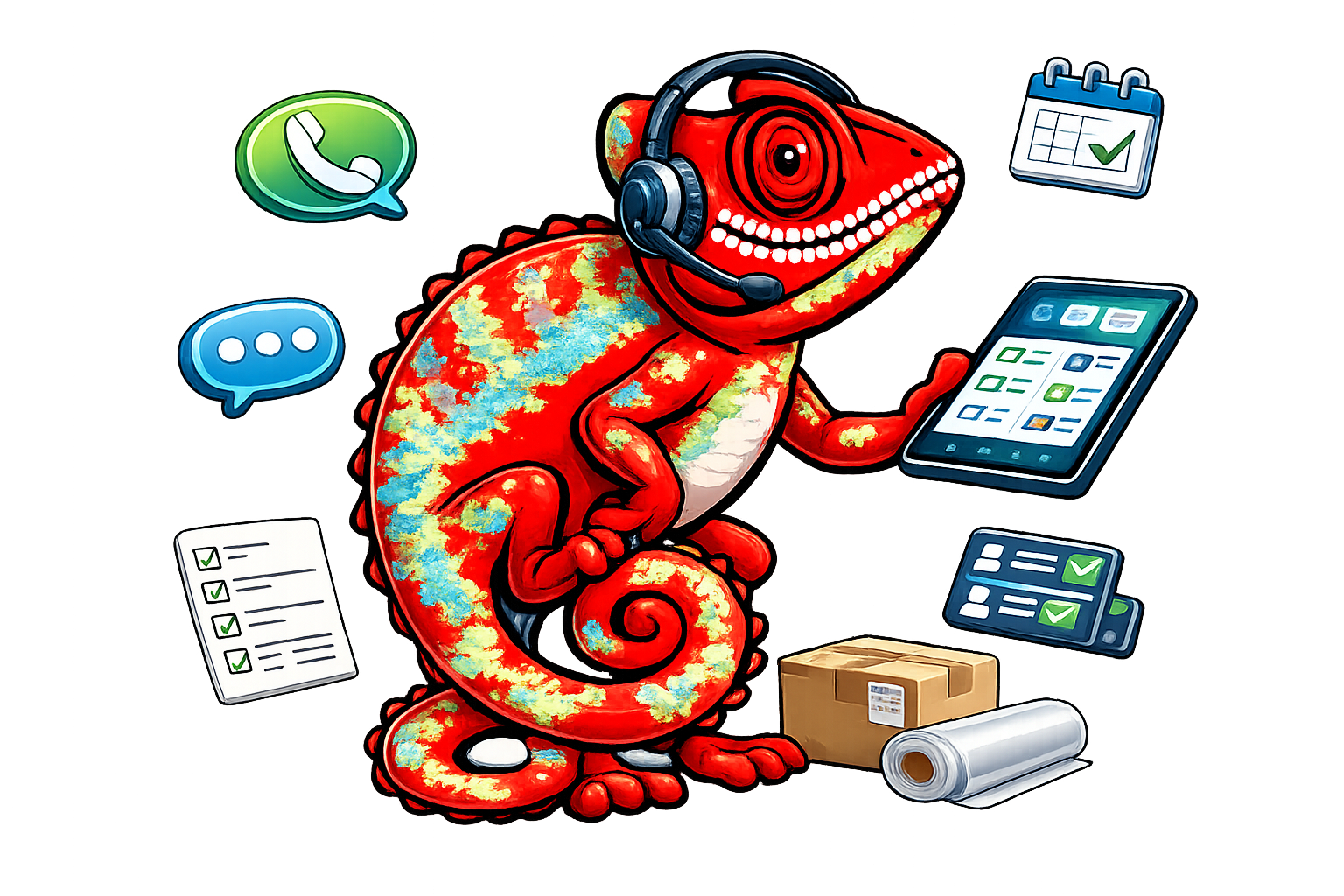 Maker AI chameleon answering calls, messages, and scheduling for custom shops