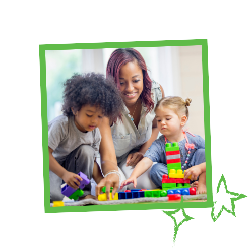 teacher and children playing with building blocks