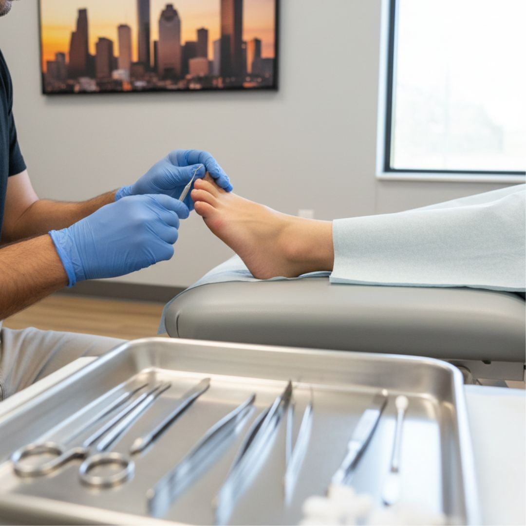Podiatrist examining painful ingrown toenail at Houston clinic