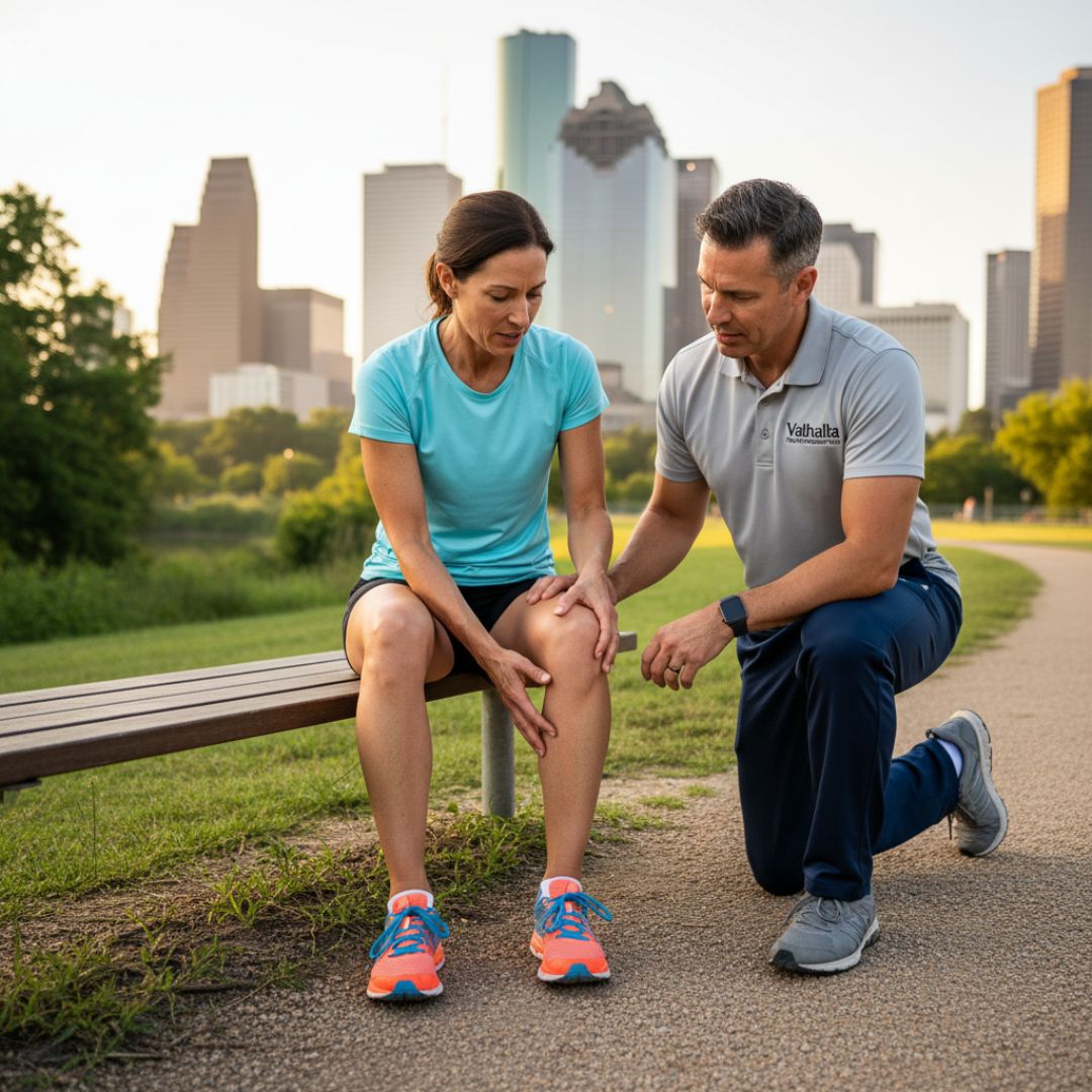 Houston runner consulting sports podiatrist for ankle injury near Buffalo Bayou