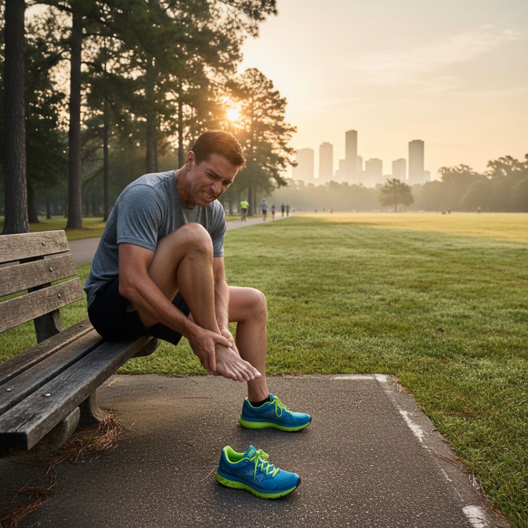 Houston runner with plantar fasciitis heel pain at Memorial Park