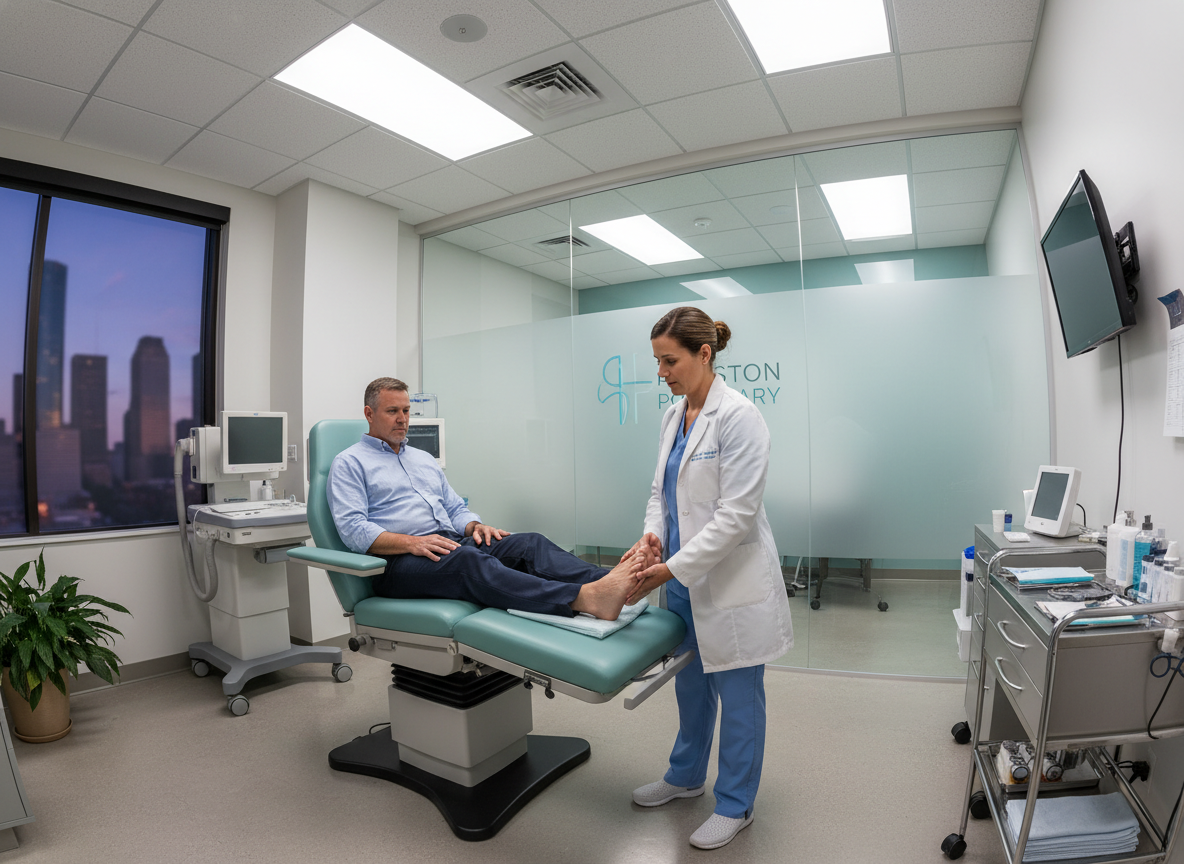 Houston podiatrist examining a patient's foot arch in a modern medical clinic.