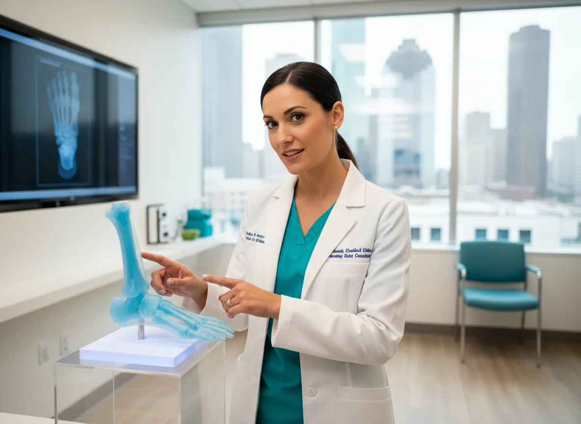 Houston foot and ankle surgeon explaining a procedure on a 3D foot model