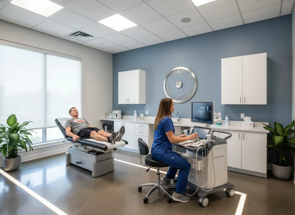 Technician performing an ultrasound scan on a patient's Achilles tendon in a modern Houston podiatry clinic.