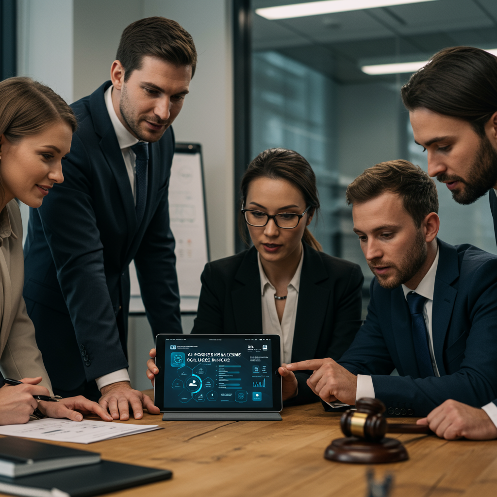A professional image of a legal team collaborating around a tablet displaying an AI-powered legal intake dashboard, emphasizing teamwork and technology integration. No text on image. Alt Text: Legal team collaborating with AI legal intake dashboard. A professional image of a legal team collaborating around a tablet displaying an AI-powered legal intake dashboard, emphasizing teamwork and technology integration. No text on image. Alt Text: Legal team collaborating with AI legal intake dashboard.