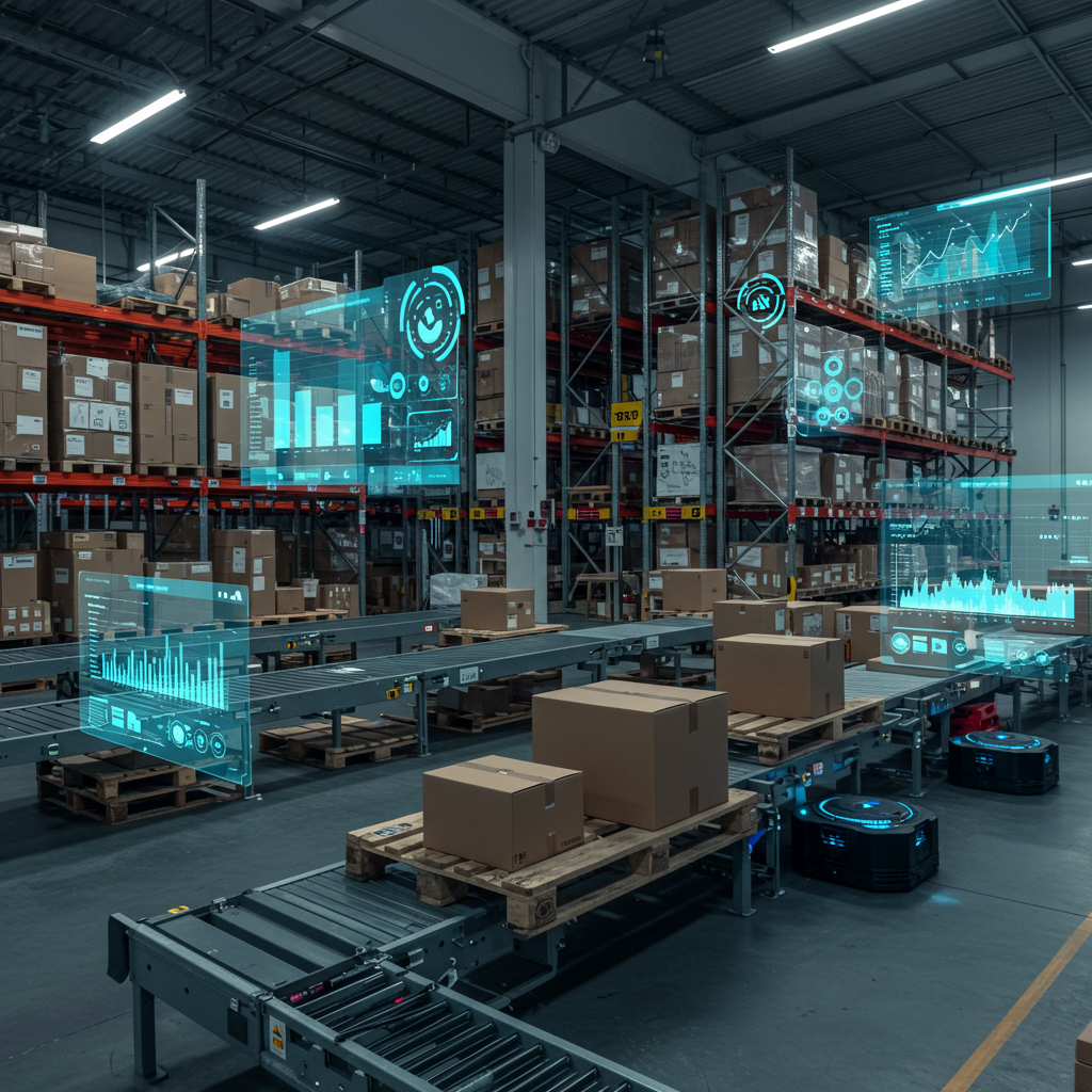 A stylized graphic illustrating data flow and predictive analytics in inventory management, with products moving efficiently through a warehouse. No words on image.