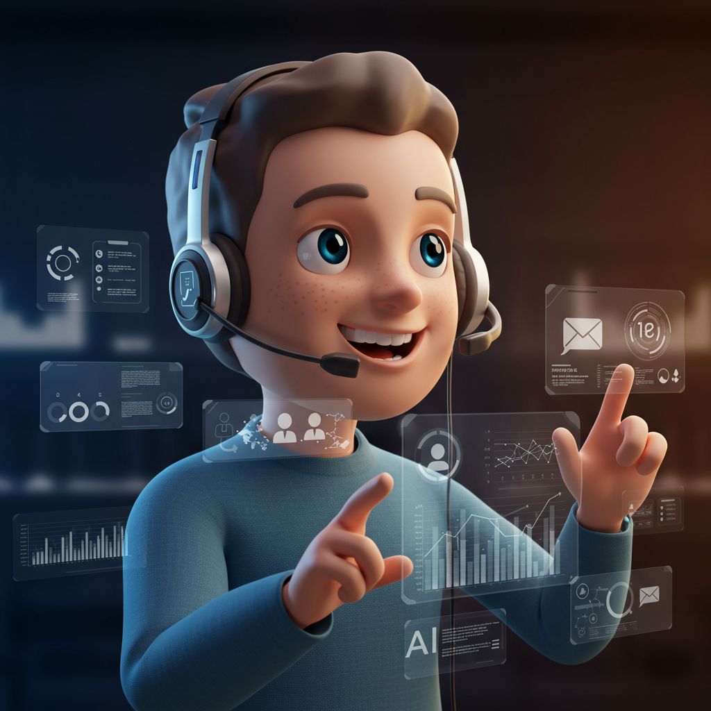 A digital representation of a friendly AI assistant with a headset, seamlessly managing multiple communication channels (phone, chat, email) on a futuristic interface. The background shows subtle business analytics and customer interaction data. IMPORTANT: Specify that the image must have NO text, letters, or words displayed on it.•Alt Text: Nova AI virtual receptionist managing multiple customer interactions efficiently.