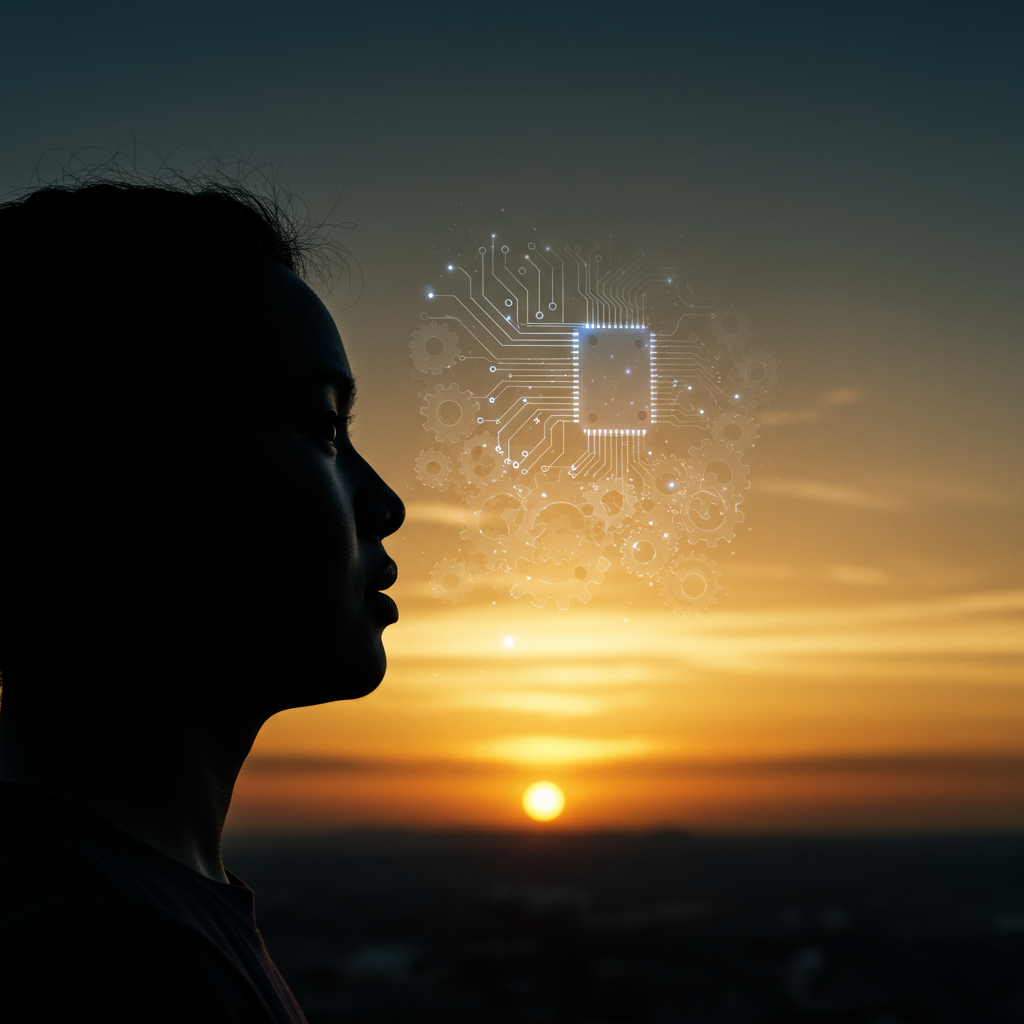 A dynamic, abstract image representing the synergy between human vision and artificial intelligence. Gears and circuits subtly blend with a silhouette of a person looking towards a bright horizon, symbolizing strategic thinking and freedom. No words displayed on the image. A dynamic, abstract image representing the synergy between human vision and artificial intelligence. Gears and circuits subtly blend with a silhouette of a person looking towards a bright horizon, symbolizing strategic thinking and freedom. No words displayed on the image.