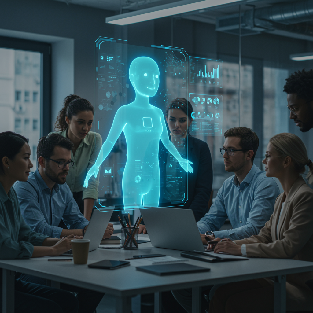 A futuristic, sleek AI interface with a friendly, glowing avatar assisting a diverse group of professionals in a modern office setting, symbolizing efficient client intake and seamless agency scaling. No text on the image