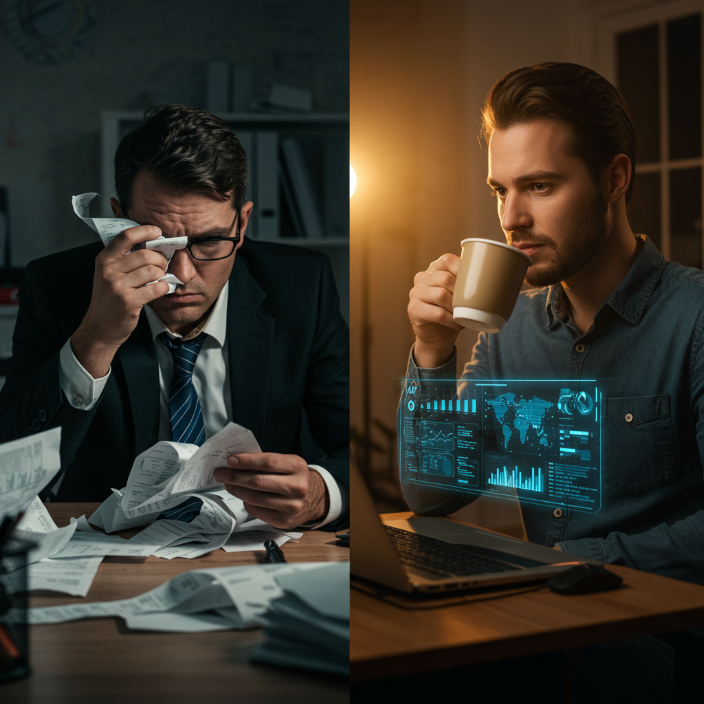 A split screen showing a stressed business owner drowning in paper receipts on one side, and a calm entrepreneur sipping coffee while a glowing AI dashboard manages orders on the other.
