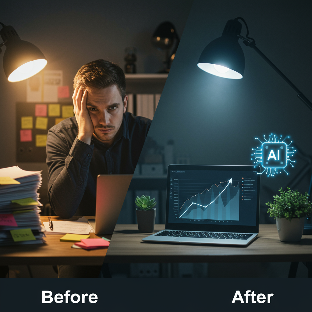 A graphic illustrating the transition from a chaotic, manual lead management process to a streamlined, automated system with AI. The image should show a clear before-and-after contrast, emphasizing efficiency and growth
