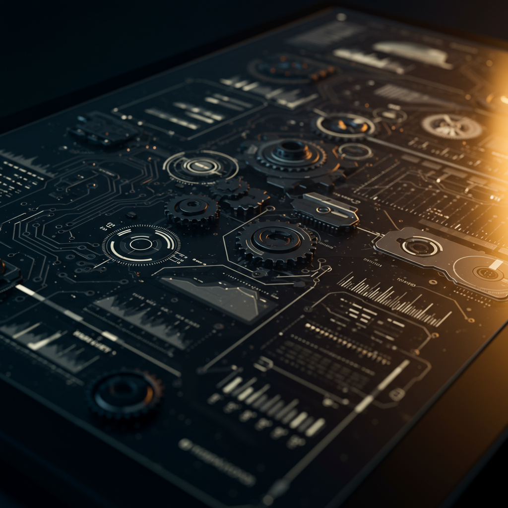 A close-up of a digital interface showing various interconnected gears and data flows, representing specialized automation processes. No words on the image.