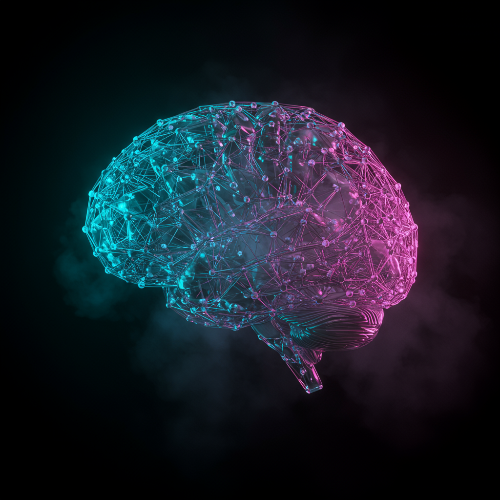 A futuristic, glowing network of interconnected nodes forming the shape of a brain, representing artificial intelligence and smart systems.