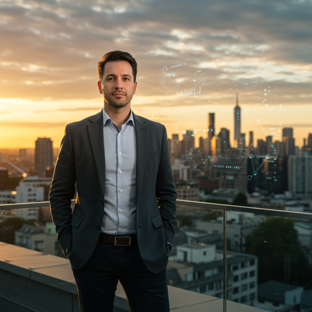 A founder confidently overlooking a cityscape, with subtle digital overlays representing automation and efficiency. No words displayed on the image. A founder confidently overlooking a cityscape, with subtle digital overlays representing automation and efficiency. No words displayed on the image.