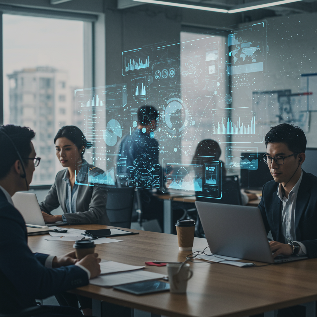 A visual representation of a busy professional services office, with a digital overlay showing AI streamlining tasks and managing client interactions efficiently. No text on the image.Alt Text: AI for professional services streamlining operations in a busy office environment.