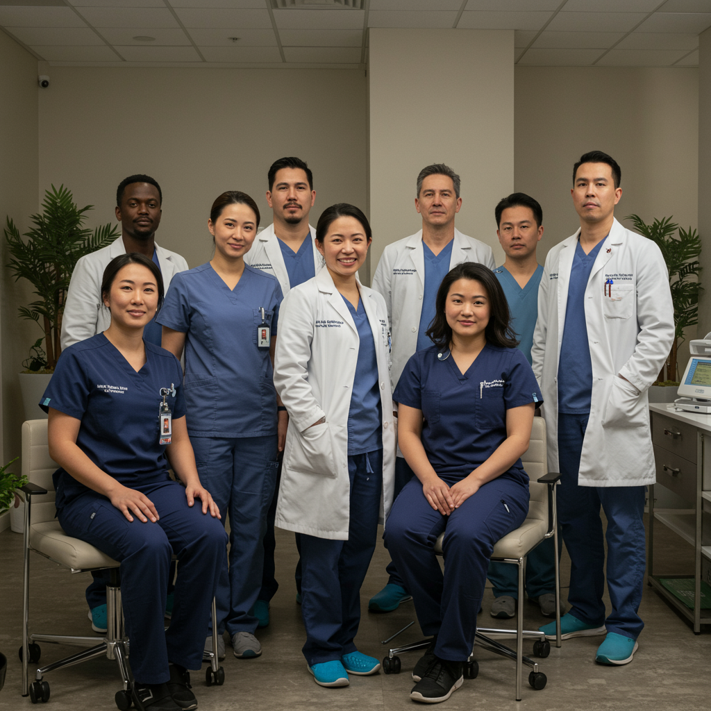 A diverse team of healthcare professionals looking relaxed and happy, standing together in a modern, well-lit clinic, representing a stress-free work environment A diverse team of healthcare professionals looking relaxed and happy, standing together in a modern, well-lit clinic, representing a stress-free work environment