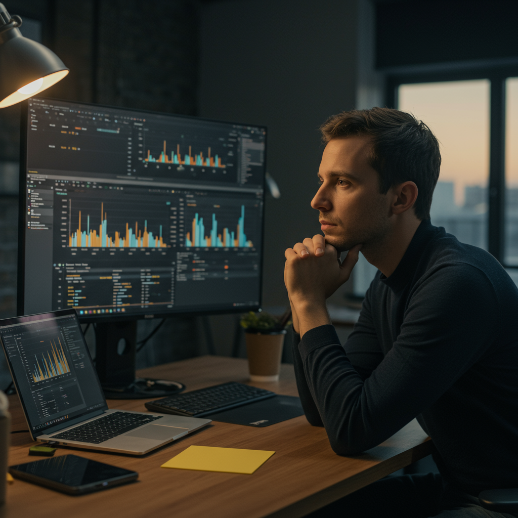  A founder looking thoughtfully at a dashboard displaying various CRM analytics, with a subtle glow indicating insight. No text on image. Alt Text: Data-driven founder analyzing CRM analytics dashboard for business growth.