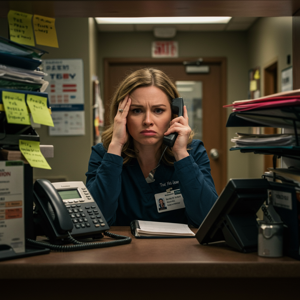 A frustrated medical receptionist sitting at a cluttered desk with multiple phones ringing, surrounded by stacks of paper files, illustrating the stress of manual administrative work A frustrated medical receptionist sitting at a cluttered desk with multiple phones ringing, surrounded by stacks of paper files, illustrating the stress of manual administrative work