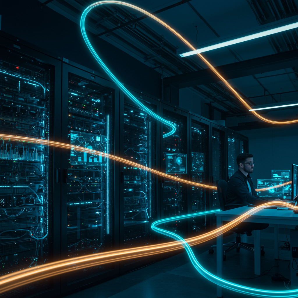 A dynamic visual representation of data flowing through a network of interconnected AI systems, symbolizing efficient and automated business operations. A dynamic visual representation of data flowing through a network of interconnected AI systems, symbolizing efficient and automated business operations.