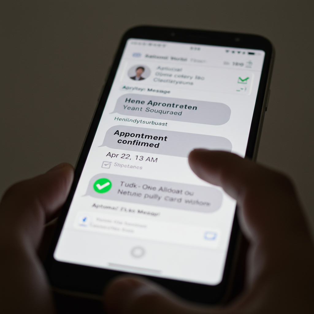 A close-up of a smartphone screen showing an automated text message conversation confirming a medical appointment, with a green checkmark indicating success A close-up of a smartphone screen showing an automated text message conversation confirming a medical appointment, with a green checkmark indicating success