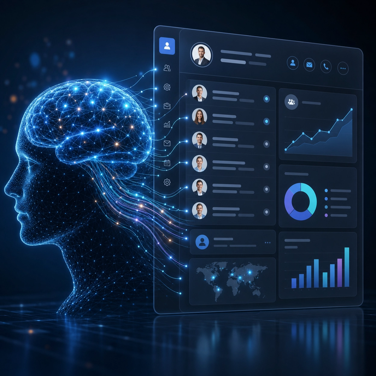 A conceptual illustration of a digital brain or neural network seamlessly integrating with a professional CRM interface, symbolizing AI-driven intelligence in client management, no text on image.
