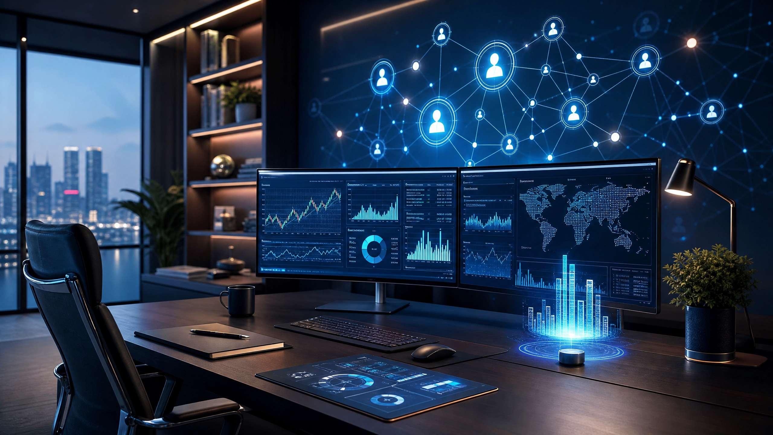 A professional, high-tech digital workspace for a financial advisor, featuring glowing data visualizations, interconnected nodes representing client networks, and a clean, modern aesthetic, no text on image.
