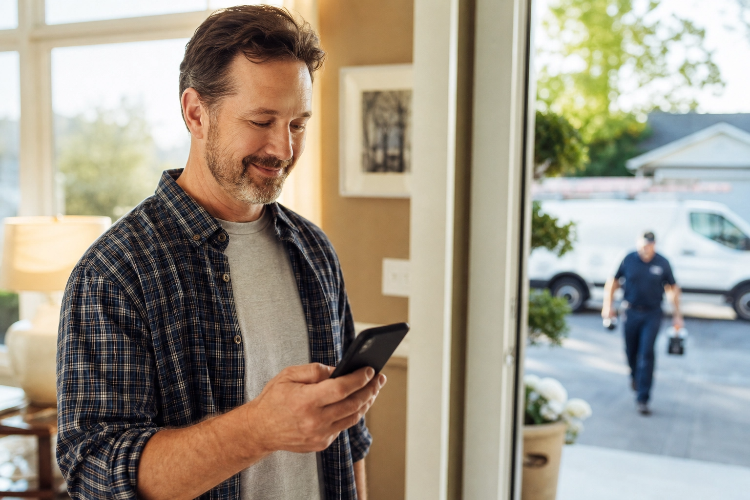 A satisfied homeowner smiling while receiving a mobile notification about their technician's arrival. A service van is visible in the background driveway. Warm, inviting atmosphere, photorealistic, no text. A satisfied homeowner smiling while receiving a mobile notification about their technician's arrival. A service van is visible in the background driveway. Warm, inviting atmosphere, photorealistic, no text.