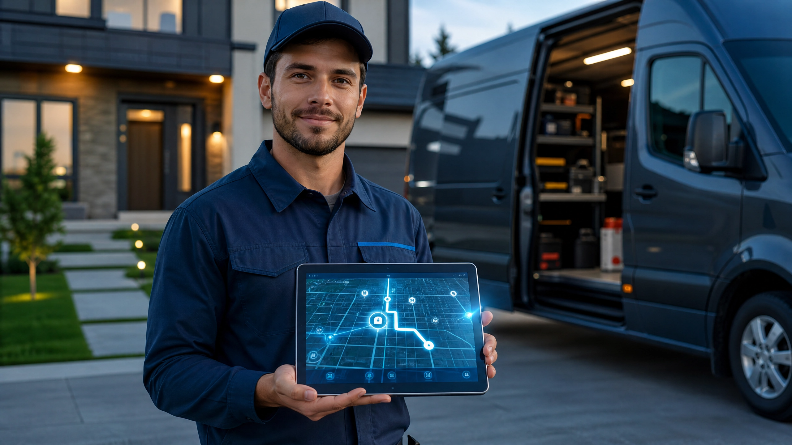 A professional home service technician in a clean uniform holding a glowing digital tablet displaying an efficient AI-powered scheduling map. Modern suburban background, high-tech aesthetic, photorealistic, no text. A professional home service technician in a clean uniform holding a glowing digital tablet displaying an efficient AI-powered scheduling map. Modern suburban background, high-tech aesthetic, photorealistic, no text.