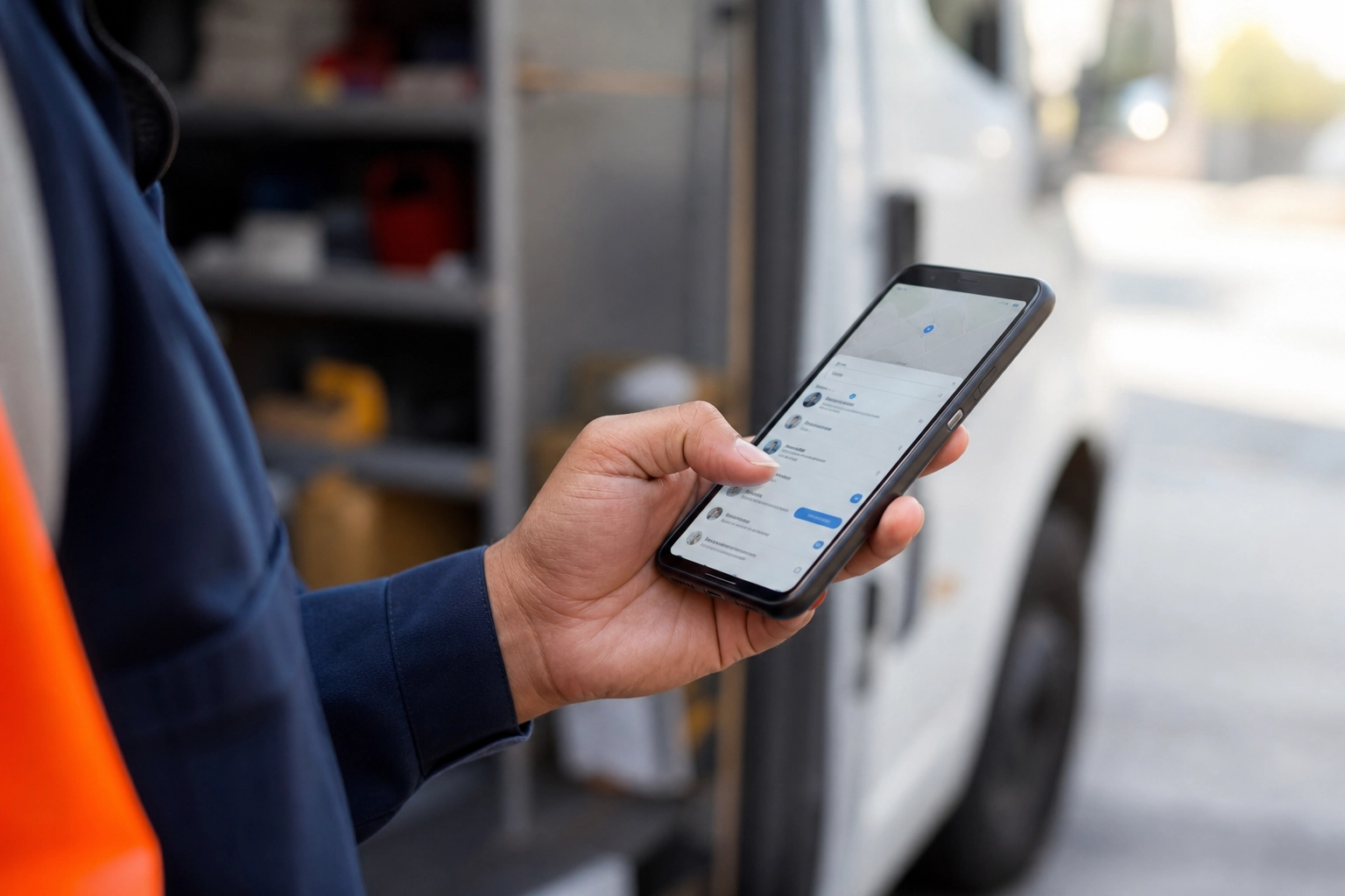 A close-up of a technician's hand using a smartphone app to manage real-time job updates and customer details. Soft natural lighting, professional field service environment, photorealistic, no text. A close-up of a technician's hand using a smartphone app to manage real-time job updates and customer details. Soft natural lighting, professional field service environment, photorealistic, no text.