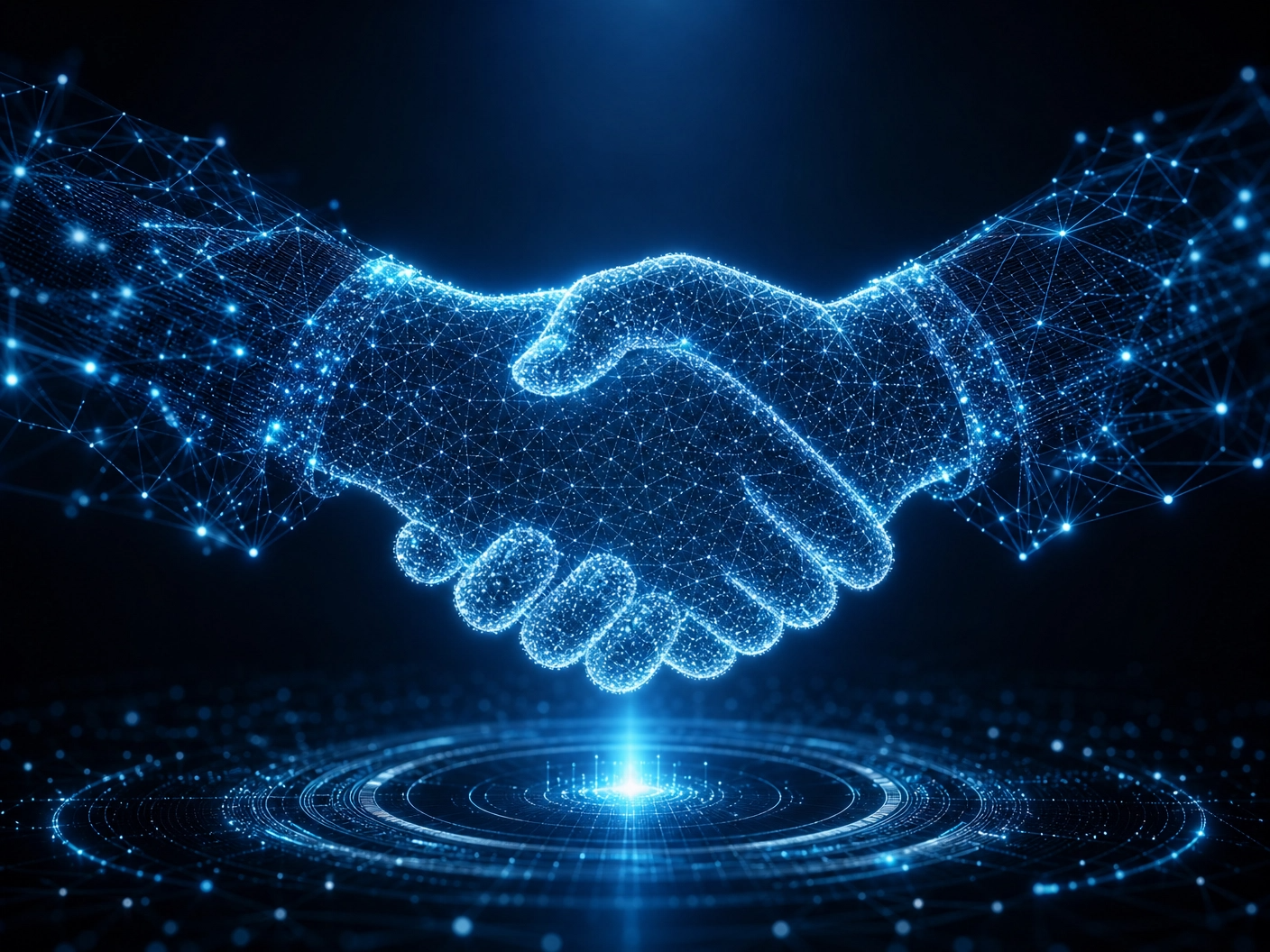 A conceptual image of a digital handshake formed by glowing blue light particles, symbolizing a deal closed through AI technology. Futuristic, professional, no text, no letters, no words. A conceptual image of a digital handshake formed by glowing blue light particles, symbolizing a deal closed through AI technology. Futuristic, professional, no text, no letters, no words.
