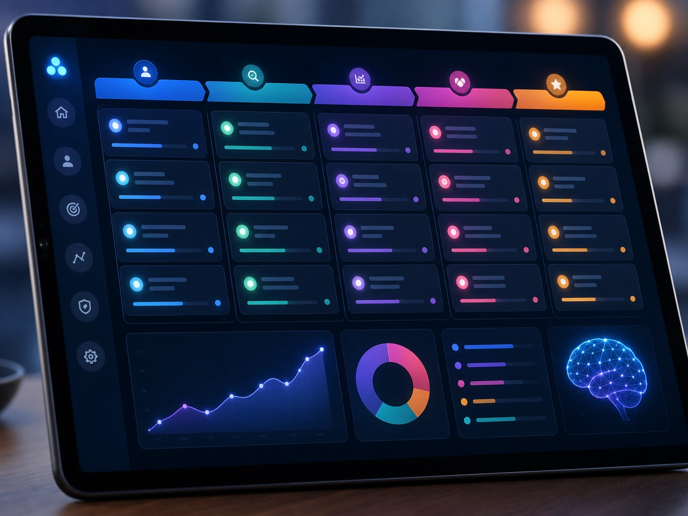 A close-up of a tablet screen displaying a vibrant, intuitive CRM sales pipeline with glowing data points and AI insights. Professional, clean, minimalist, no text, no letters, no words. A close-up of a tablet screen displaying a vibrant, intuitive CRM sales pipeline with glowing data points and AI insights. Professional, clean, minimalist, no text, no letters, no words.